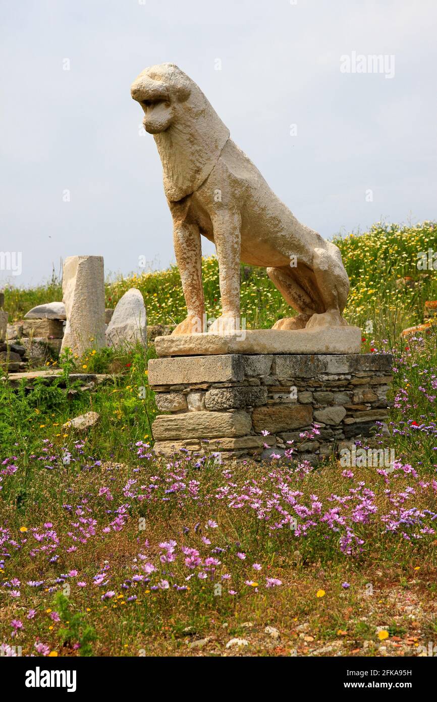 Statua del Leone sull'isola di Delo con fiori di primavera, arcipelago delle Cicladi, Grecia Foto Stock