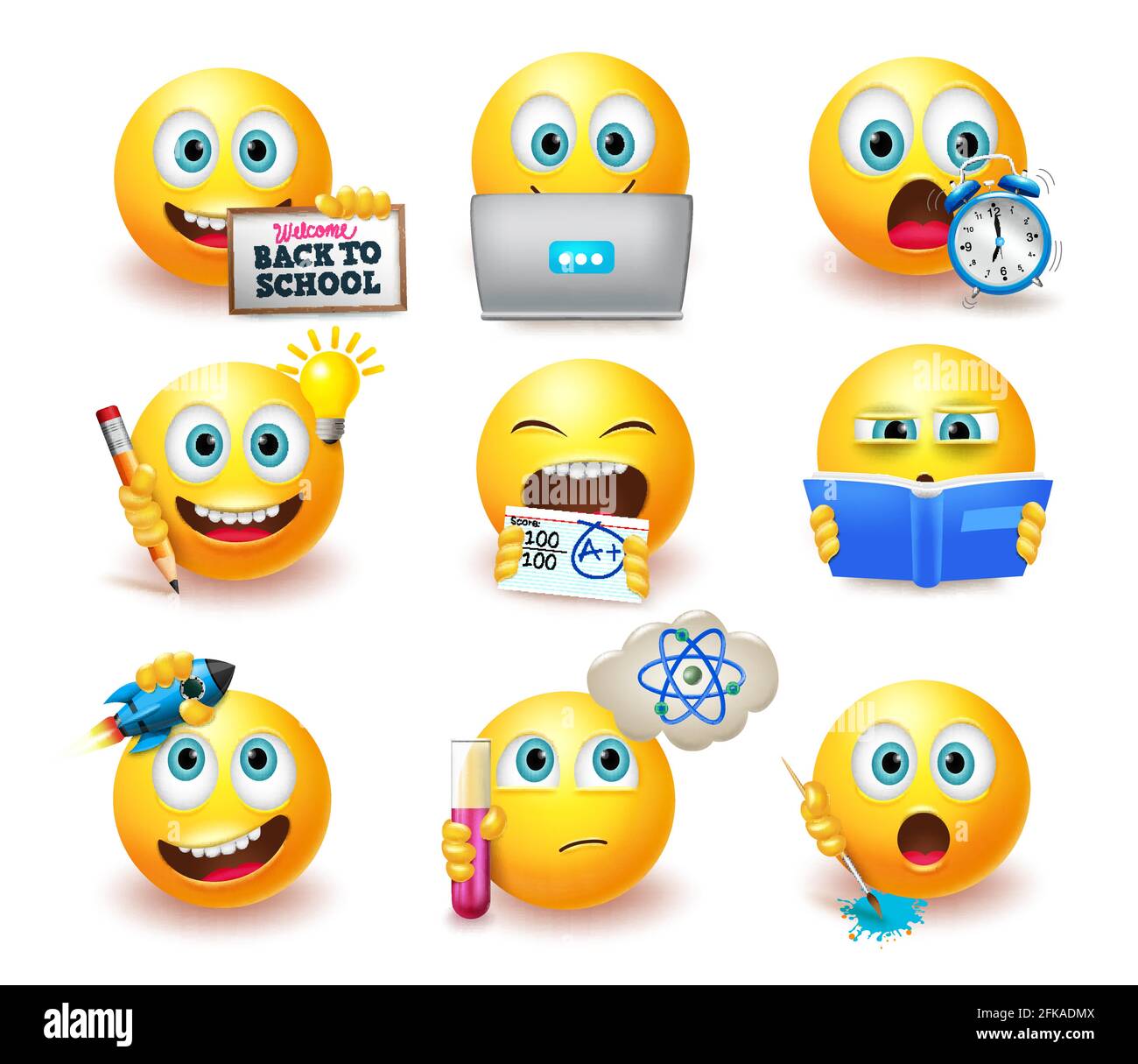 Smileys torna a scuola emoticon insieme vettoriale. Emoji smiley con posa educativa ed espressioni come studiare e pensare per le emoji studentesche. Illustrazione Vettoriale