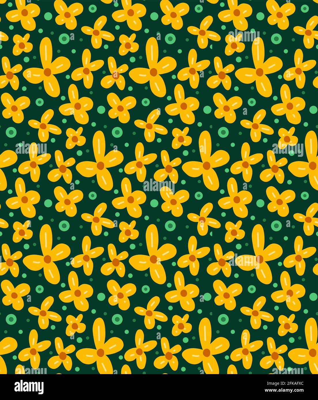 Motivo floreale senza cuciture con piccoli fiori gialli e punti turchesi su sfondo verde scuro. Carta da parati naturale. Texture vettoriale con anemon buttercup Illustrazione Vettoriale