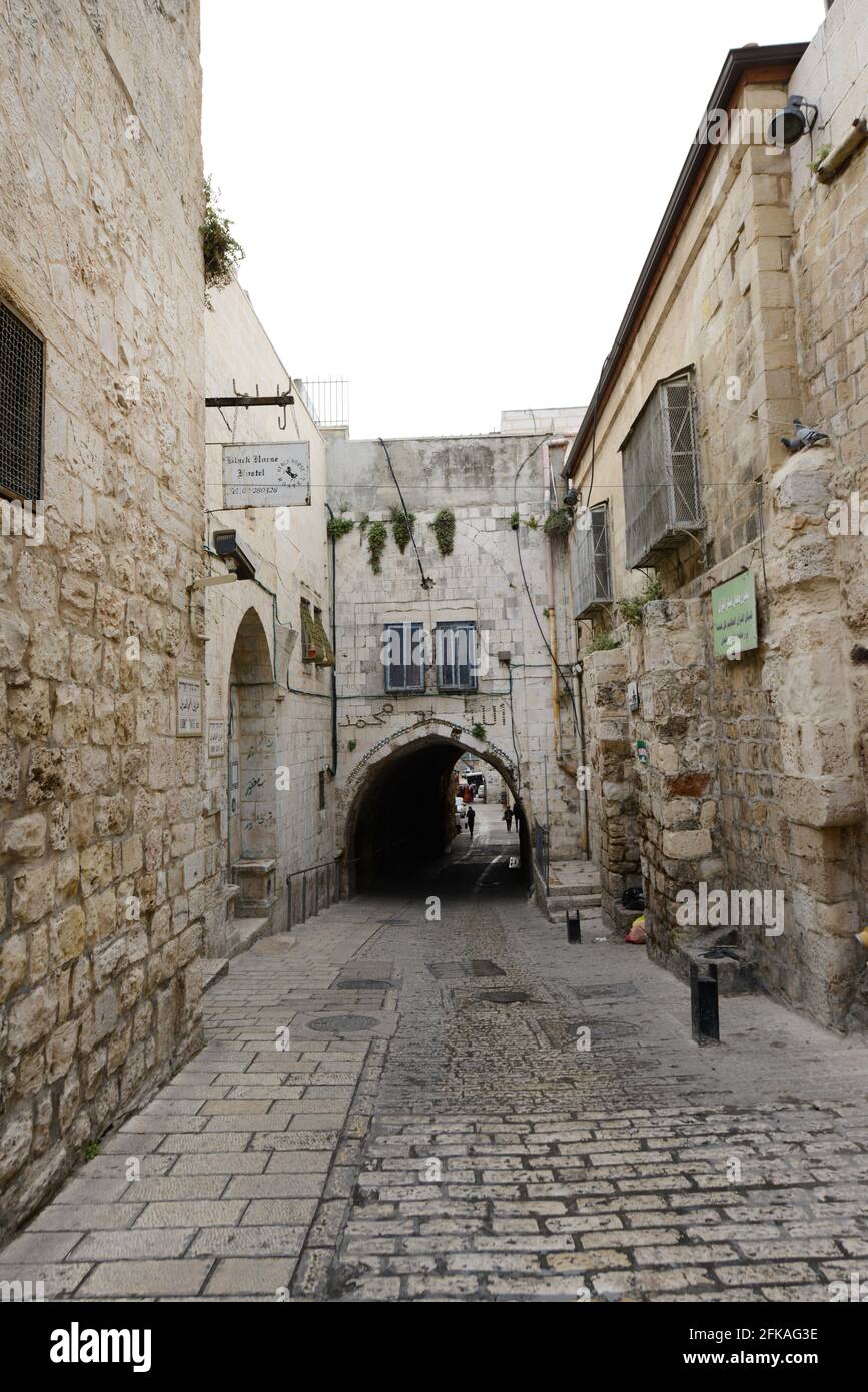 Porta Lions strada nella città vecchia di Gerusalemme. Foto Stock