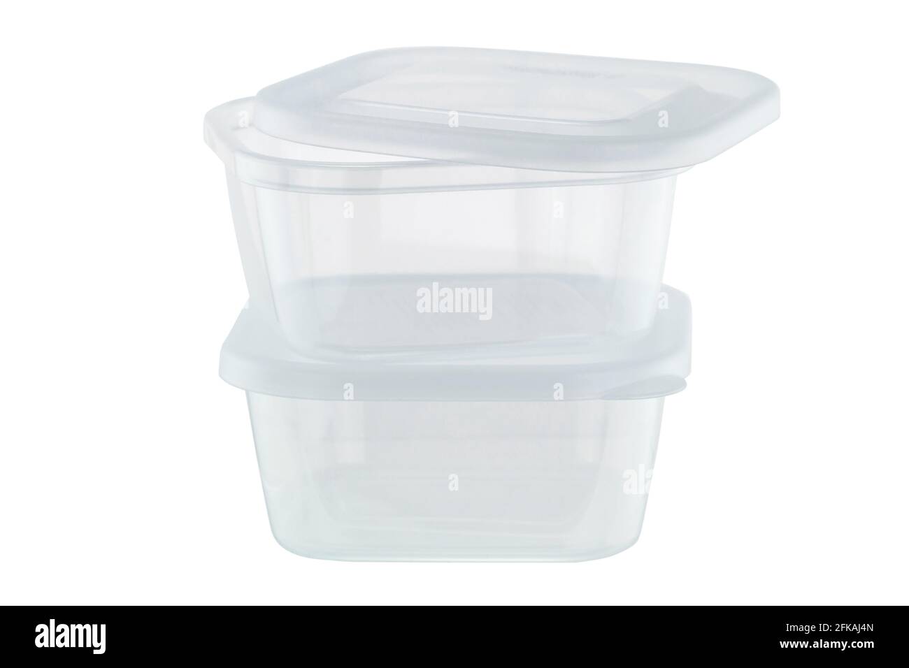 Contenitori in plastica trasparente per la conservazione degli alimenti, trasparenti, resistenti al calore, per microonde, scatola per pranzo lavabile in lavastoviglie, isolata su sfondo bianco Foto Stock