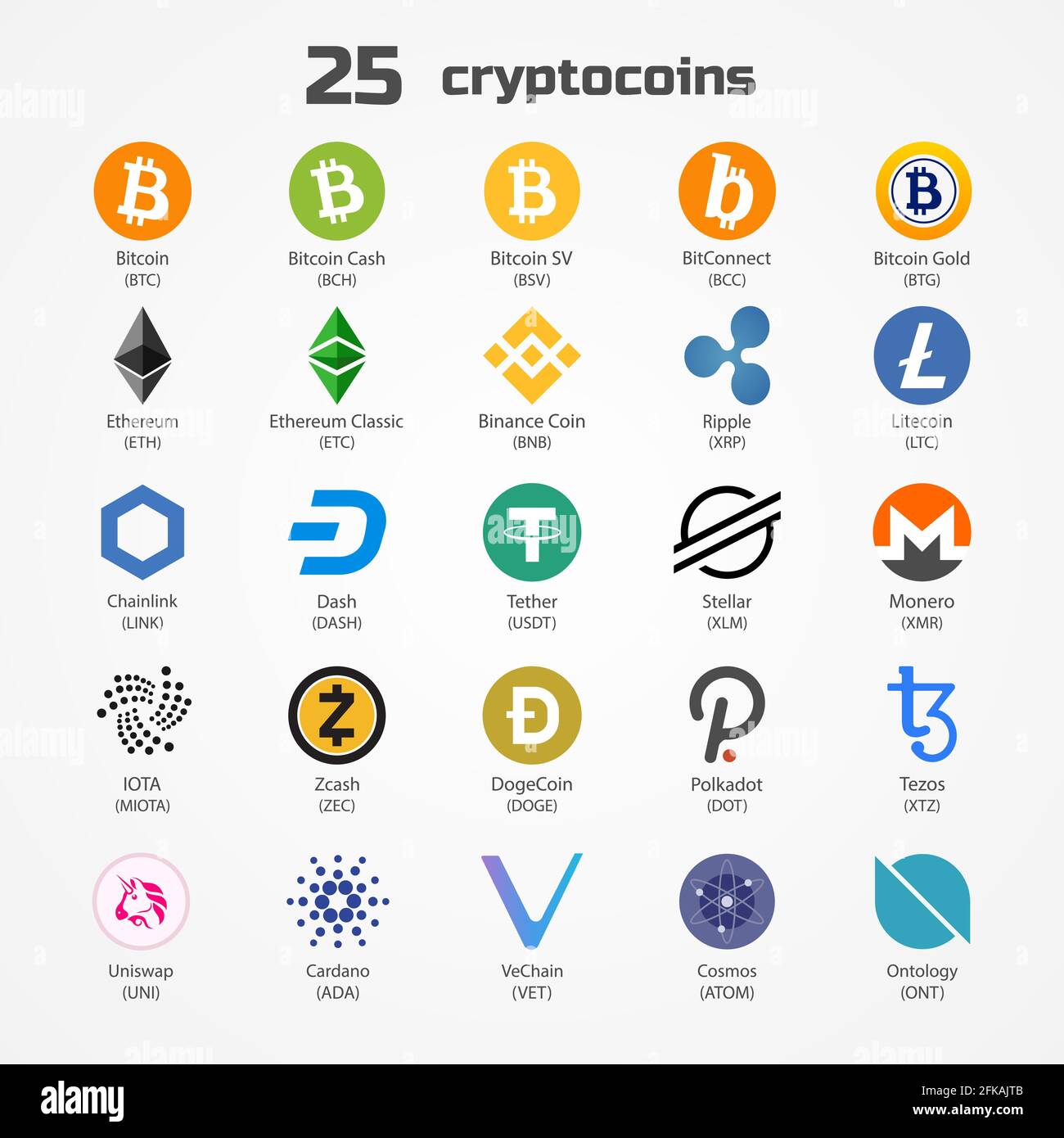 Icone di monete vettoriali a criptovaluta isolate su sfondo bianco. Illustrazione Vettoriale
