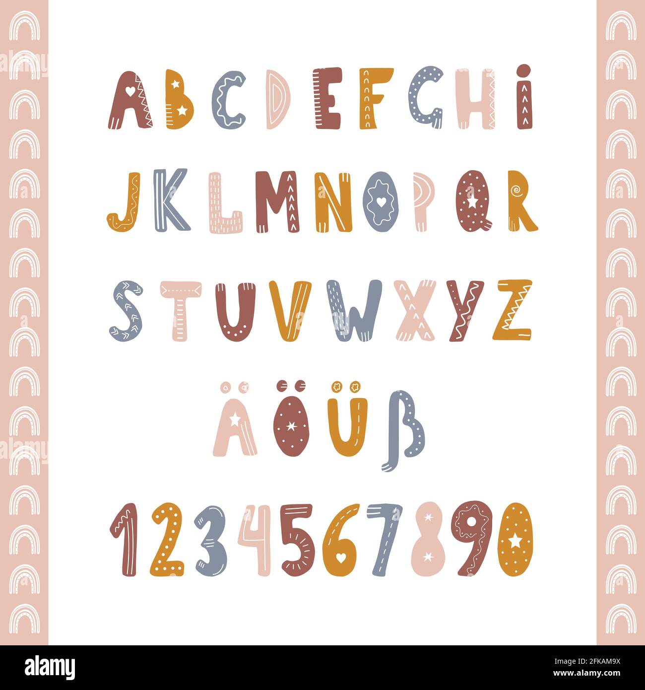 Alfabeto tedesco disegnato a mano in stile boho. Carino lettere e numeri infantile per striscioni, disegno vivaio, cartoline. Clipart isolate in bianco Illustrazione Vettoriale