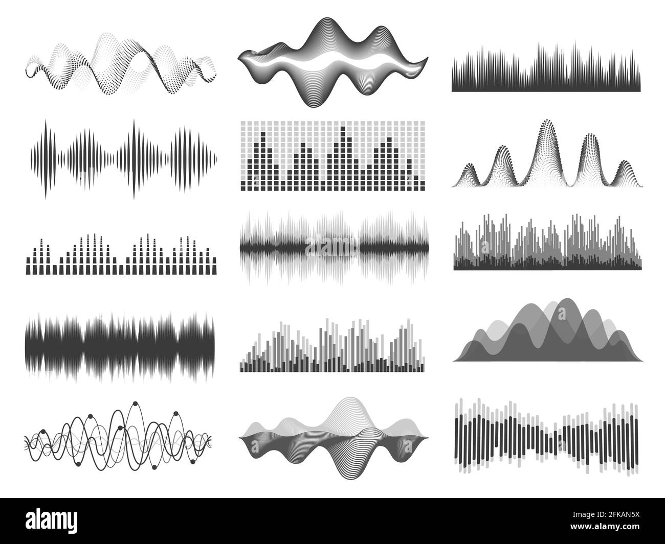 Onde sonore. Frequenza dell'onda sonora della musica grafica. Linee a impulsi, equalizzatore radio, registrazione vocale o onda a impulsi. Set vettoriale grafico lettore audio Illustrazione Vettoriale