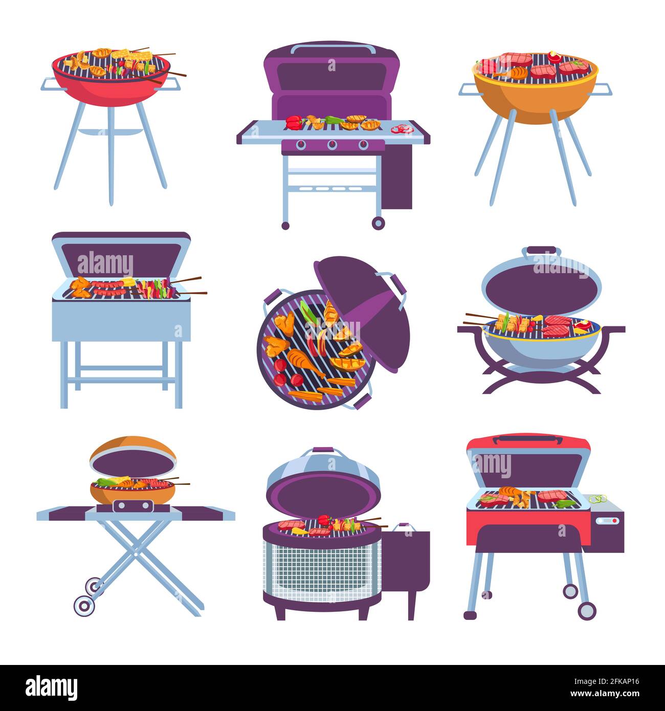 Griglie da barbecue a base di cartone animato. Forno barbecue con carne, verdure, salsiccia e pollo. Outdoor mobile carbone braciere disegni insieme vettoriale Illustrazione Vettoriale