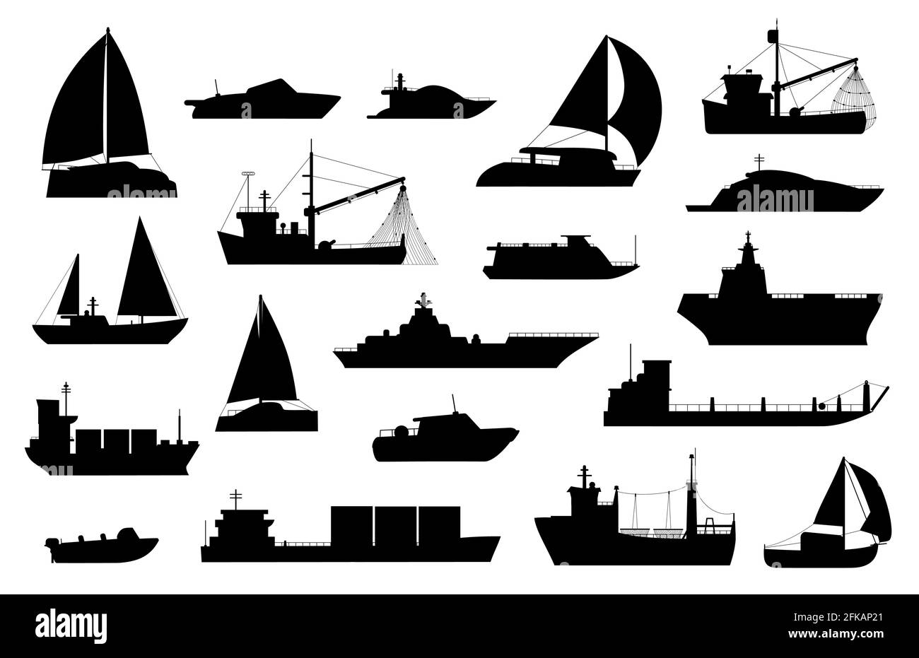 Silhouette barche. Barca a vela, chiatta, pesca e nave da crociera, yacht di mare, passeggeri e navi da carico icone. Set vettoriale logo trasporto nautico Illustrazione Vettoriale