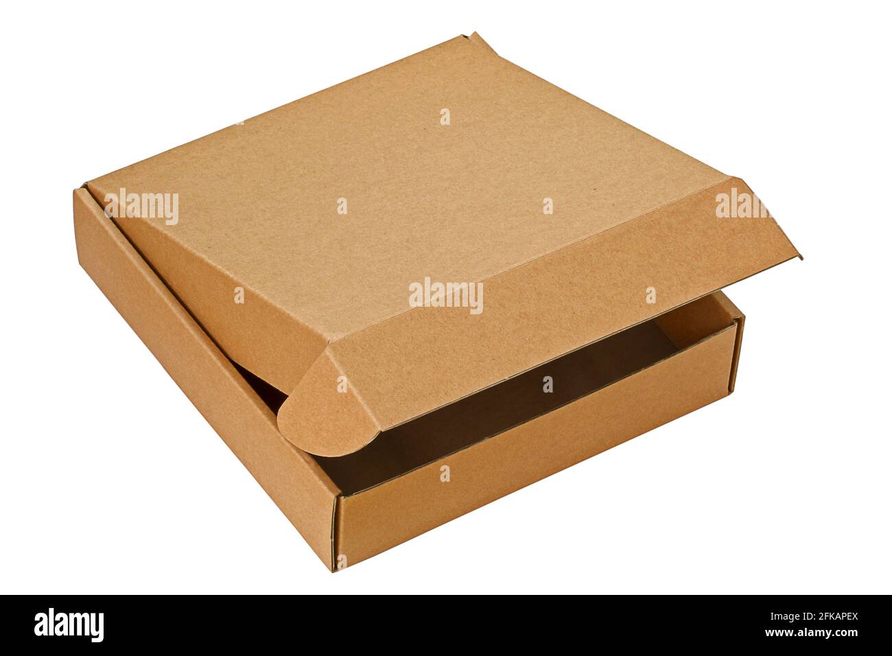 Una scatola di pizza marrone, chiusa, isolata su bianco Foto Stock