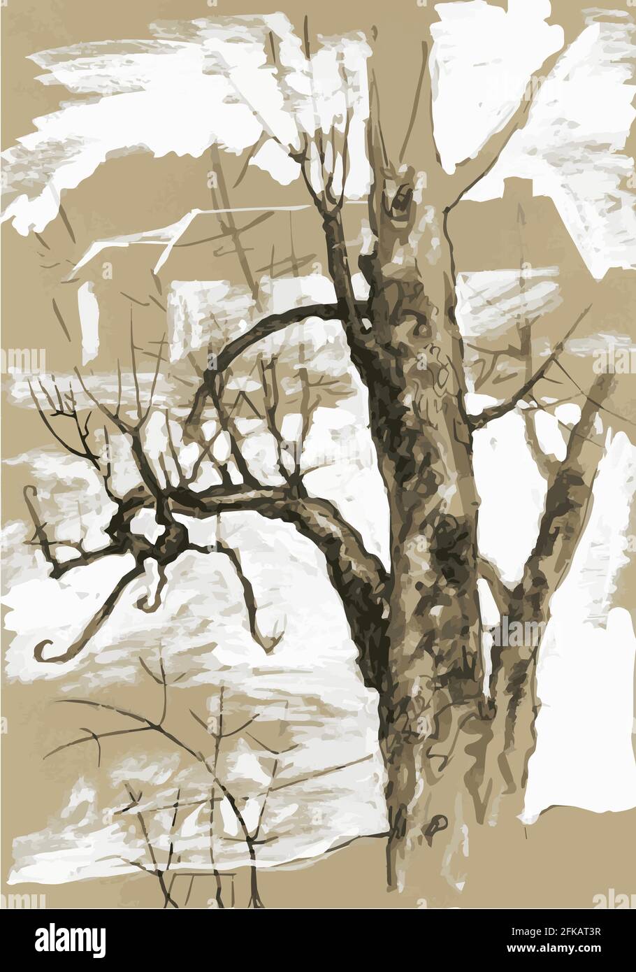 Frammento di un tronco di albero con rami sullo sfondo di case lontane. Monocromatico. Seppia. Schizzo. Illustrazione Vettoriale Frammento di un tronco di albero con rami sullo sfondo di case lontane. Monocromatico. Seppia. Schizzo. Illustrazione Vettoriale