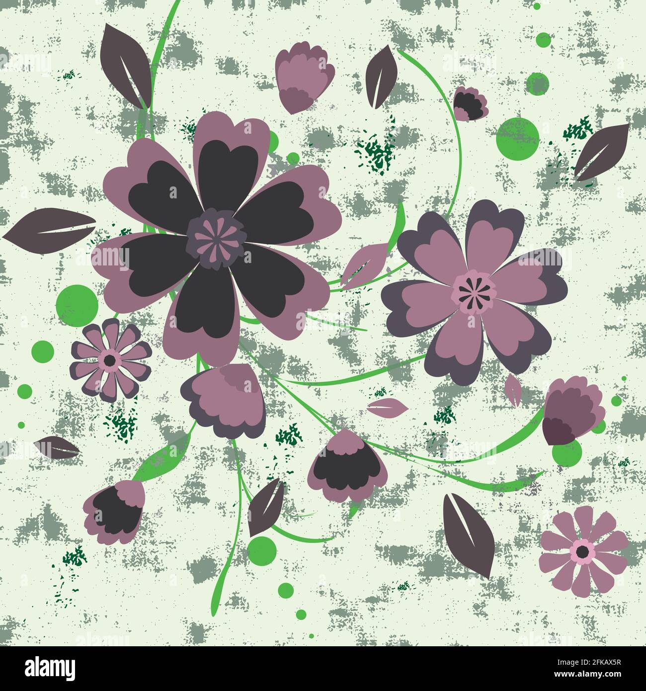 Un mazzo di fiori in stile grunge. I fiori viola terminano con accenti verdi. Illustrazione Vettoriale