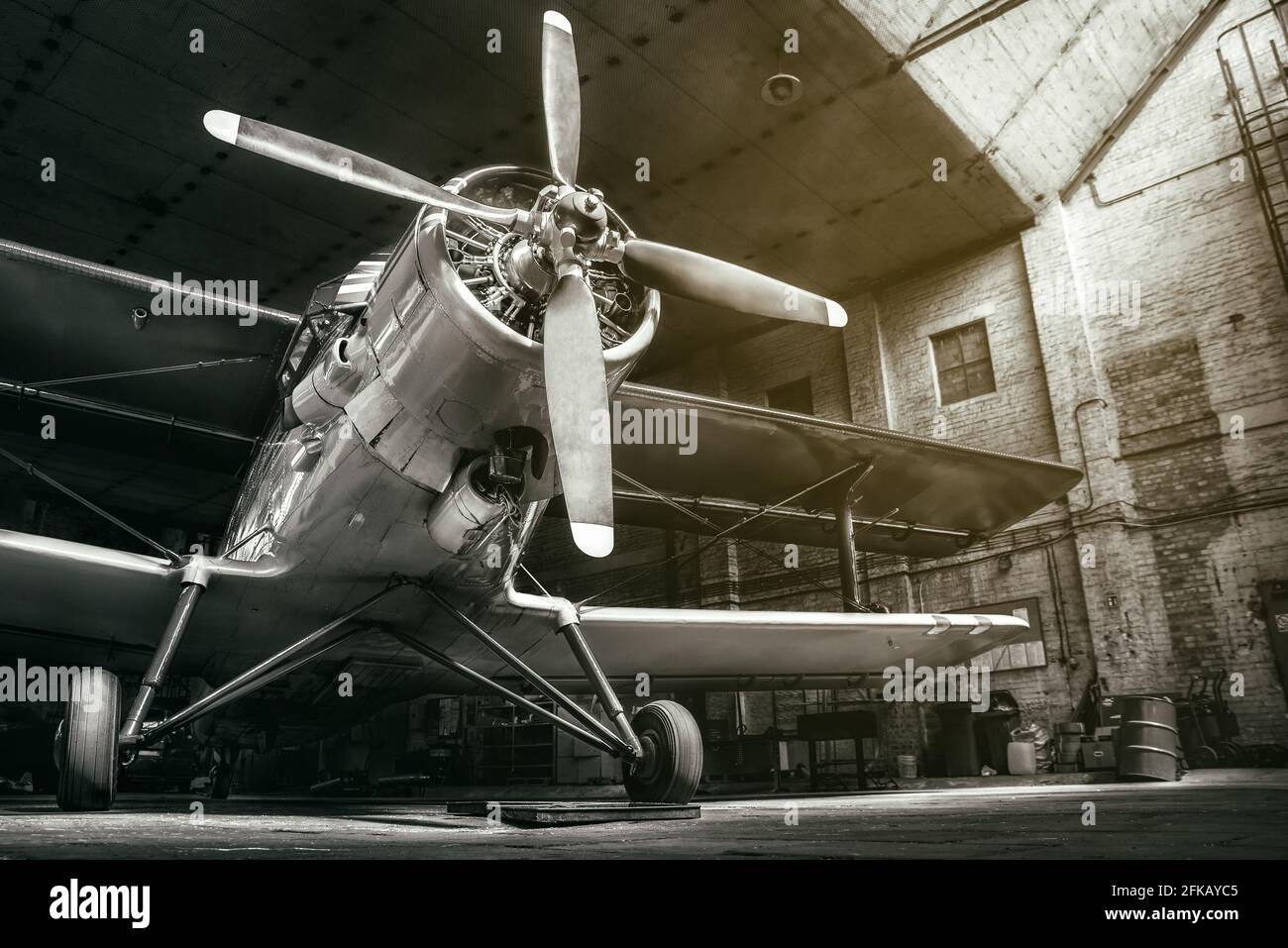 velivolo storico in un hangar Foto Stock