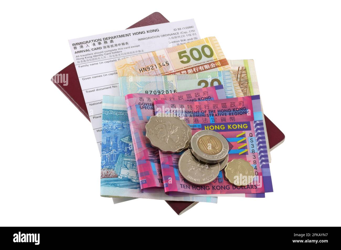 Dollaro di Hong Kong sulla carta di arrivo e passaporto elettronico, isolato su sfondo bianco Foto Stock