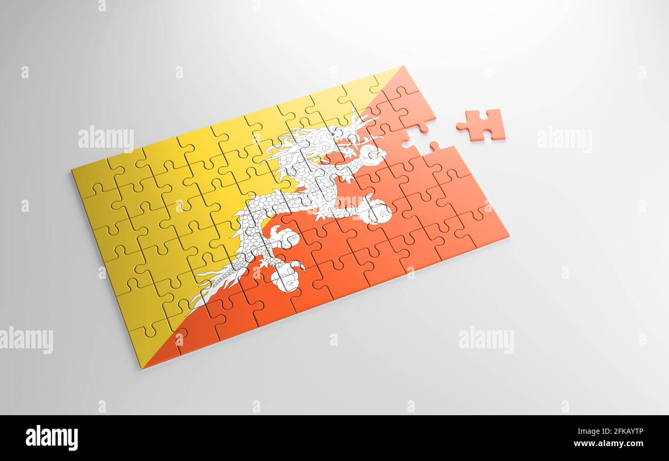 Un puzzle con una stampa della bandiera del Bhutan, pezzi del puzzle isolato su sfondo bianco. Concetto di adempimento e perfezione. Simbolo Foto Stock