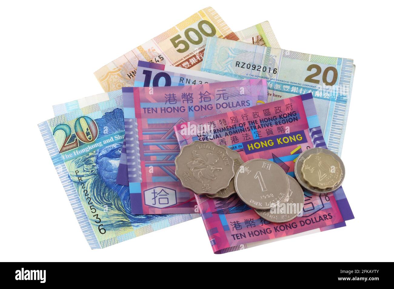 Hong Kong valuta : un insieme di banconote e monete Foto Stock