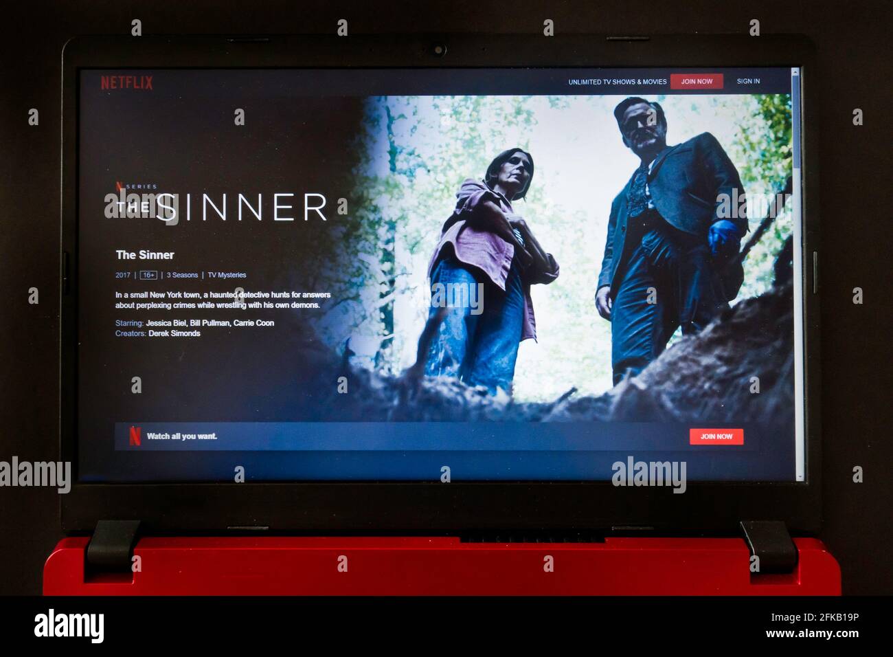 Schermo del laptop con Netflix serie tv il peccatore Foto Stock