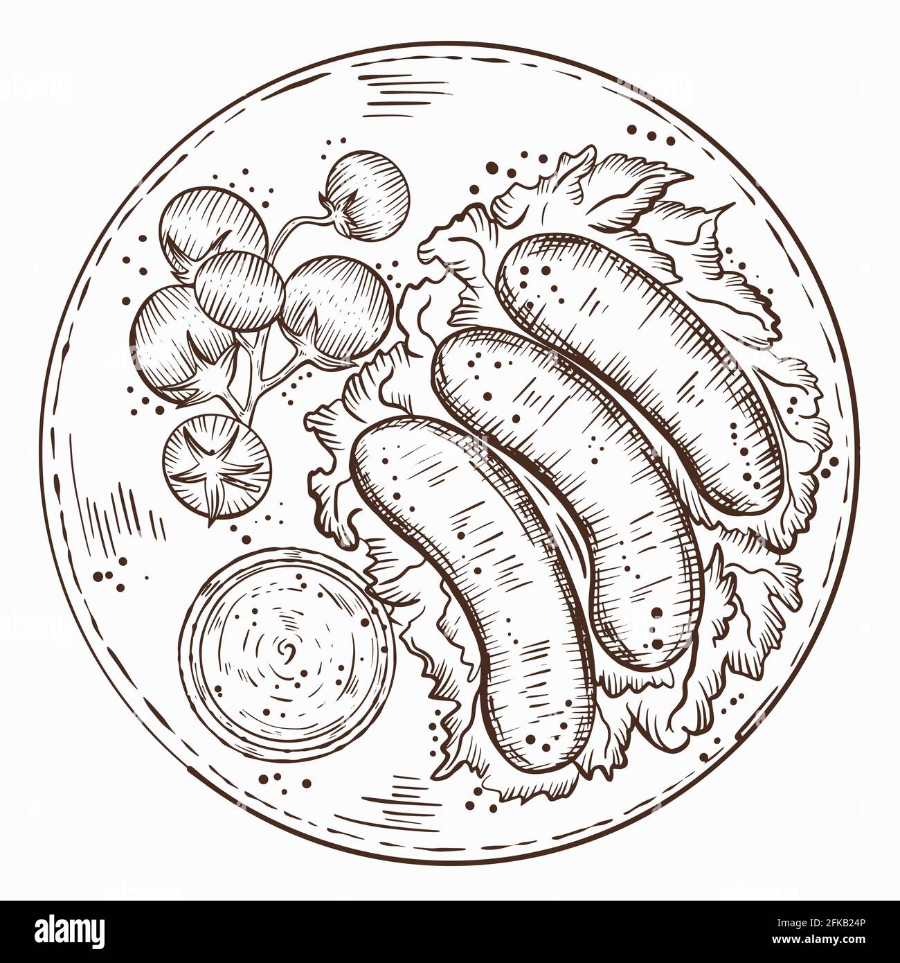 Schizzo di salsiccia alla griglia con insalata, pomodori ciliegini e salsa su un piatto. Vettore di salsicce fritte. Illustrazione del cibo. Disegno a mano. Illustrazione Vettoriale