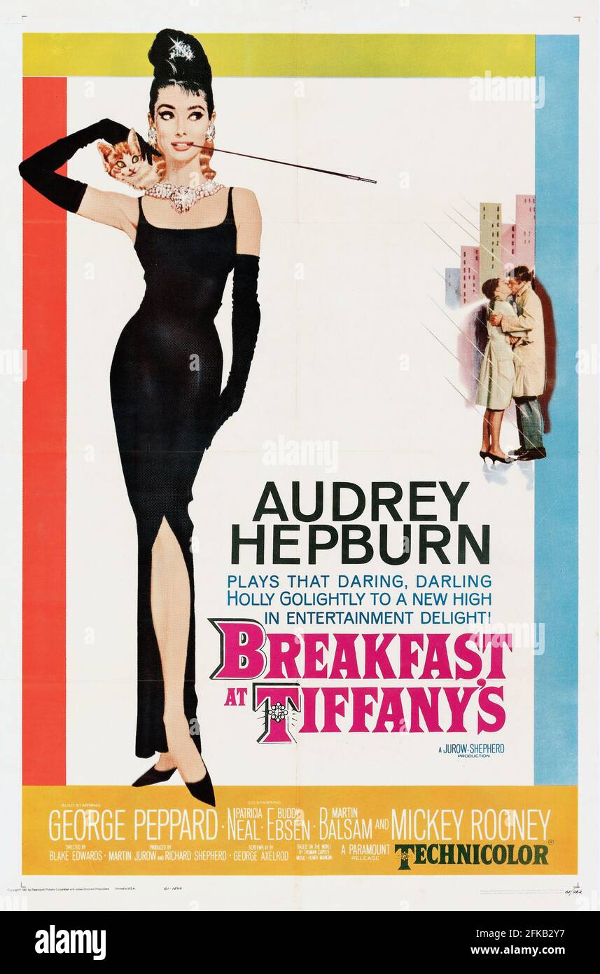 Poster del film: Breakfast at Tiffany's è un film comico romantico americano del 1961 diretto da Blake Edwards feat. Audrey Hepburn. Foto Stock
