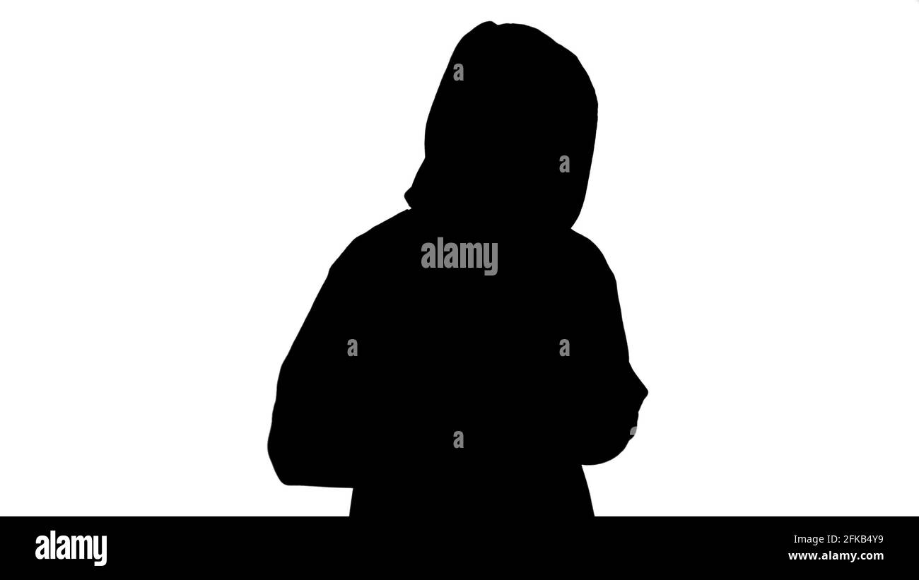 Silhouette nera del commerciante di droga su sfondo bianco Foto Stock