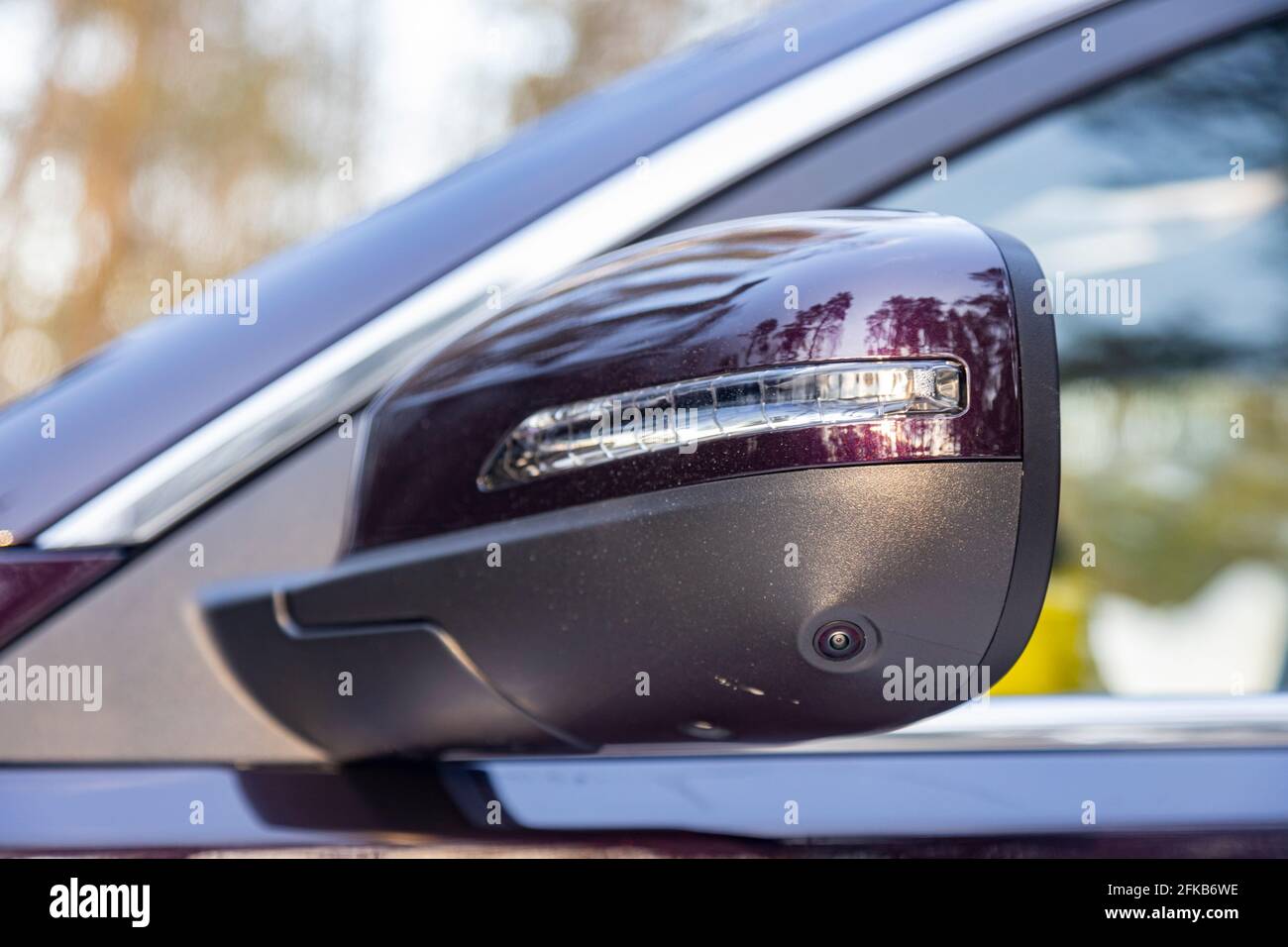 specchio laterale della vista posteriore di un'auto moderna con telecamera terrain view. primo piano. Assistenza parcheggio e sistemi di assistenza auto Foto Stock