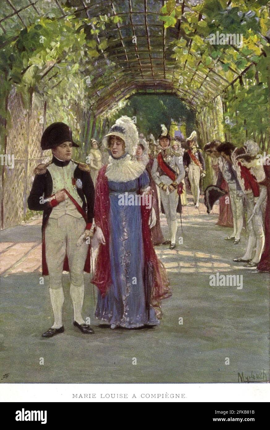 Napoleone i e l'imperatrice Marie-Louise fanno una passeggiata a Compiègne e sono salutati dal loro entourage. Parigi, Fondazione Napoléon Foto Stock