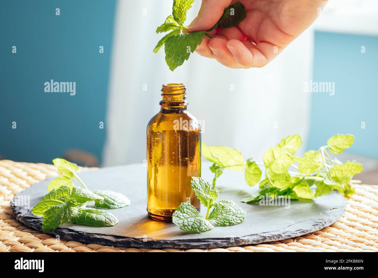 Tenere a mano foglie di menta piperita con olio essenziale di menta o menta piperita in una bottiglia di vetro usata come medicina alternativa in aromatherapy o diluito in a. Foto Stock