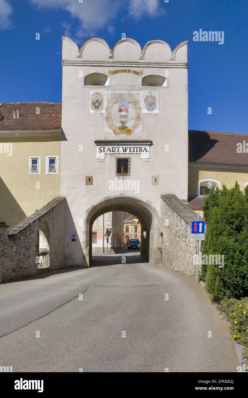 Porta cittadina a Weitra, Austria, bassa Austria, Waldviertel Foto Stock