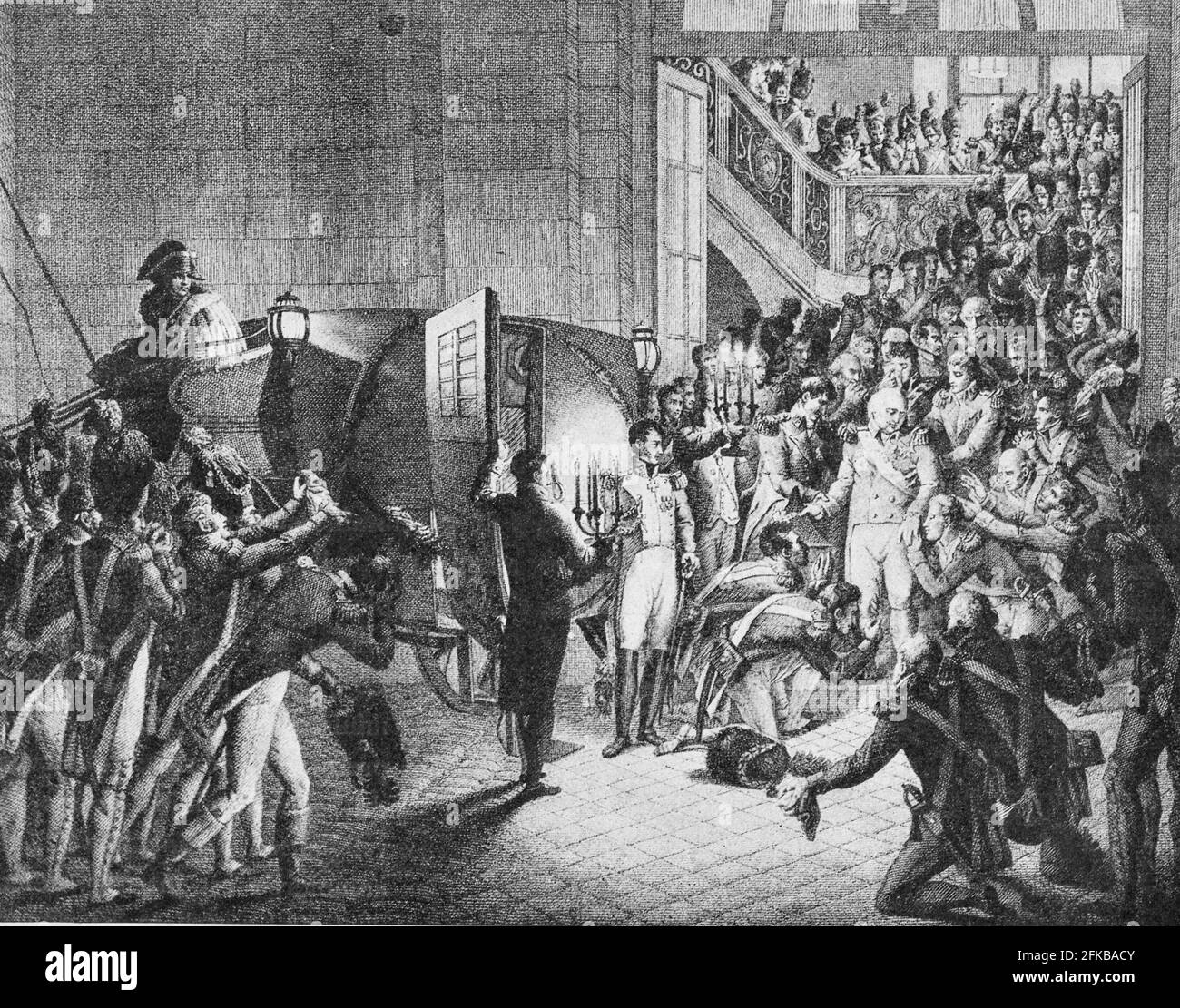 Re Luigi XVIII di Francia che esce dal Palais des Tuileries, Parigi, dopo il ritorno di Napoleone. Incisione, da una composizione di Heim. In : Louis Barron, Parigi Pittoresque 1800-1900. La vie - Les Moeurs - Les Plaisirs, Parigi, Société Française d'Edizioni d'Arte L.-Henry maggio, 1899. Foto Stock