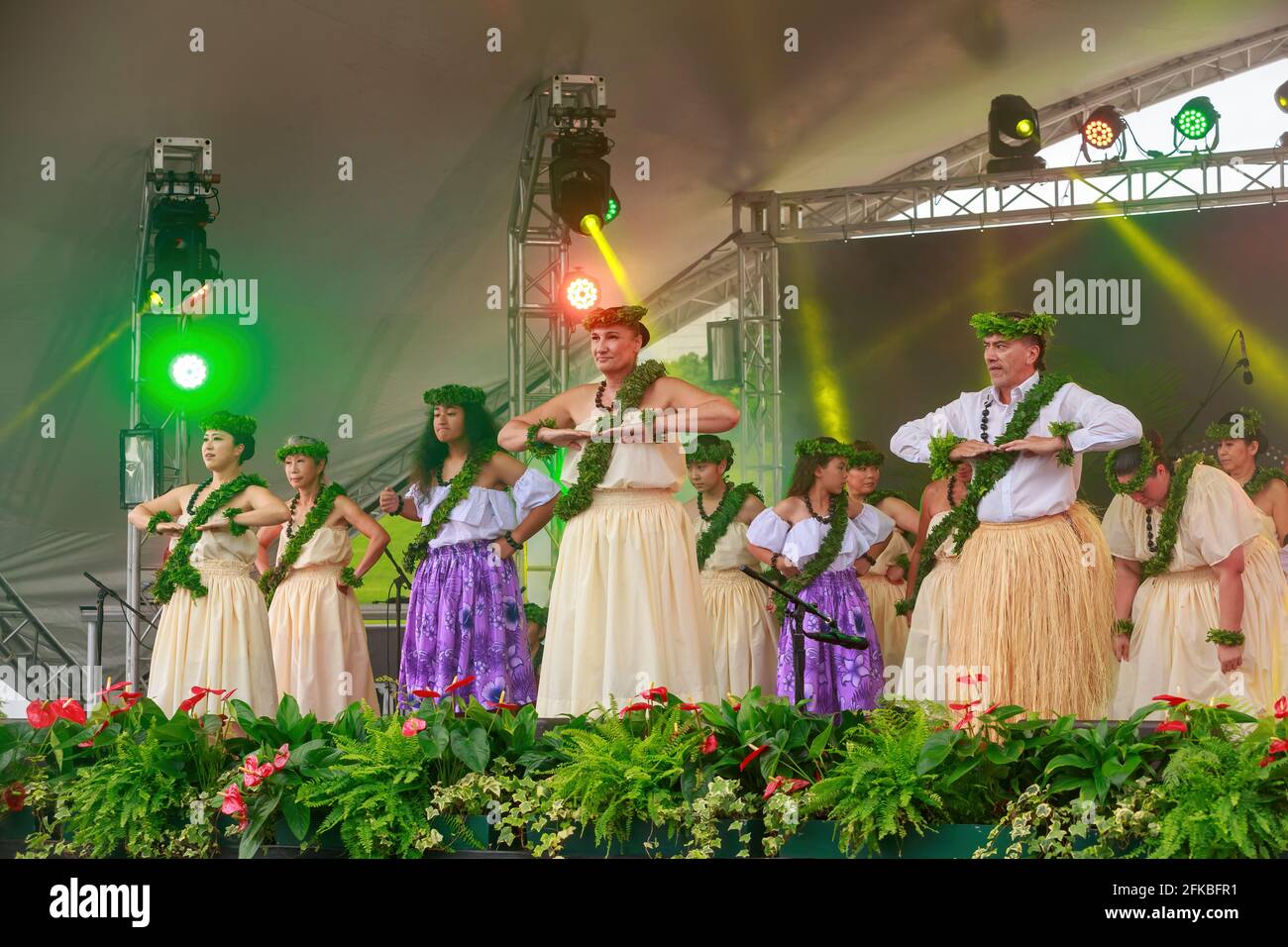 Un gruppo di danza hawaiano che si esibisce sul palco al Pasifika Festival, una celebrazione della cultura dell'isola del Pacifico ad Auckland, Nuova Zelanda Foto Stock