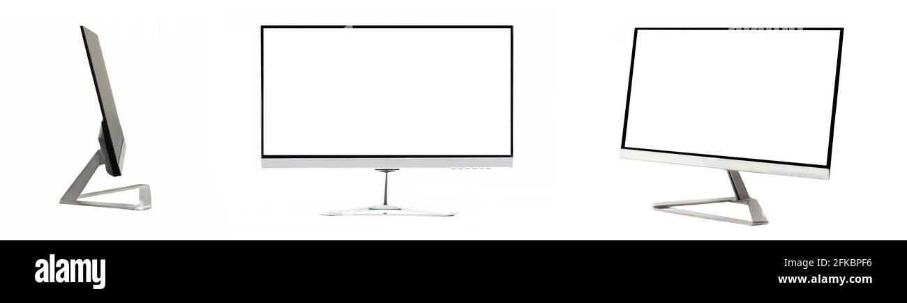 Moderni monitor vuoti per computer a schermo piatto. Set di schermi LED vuoti isolati su sfondo bianco. Scatto in studio Foto Stock
