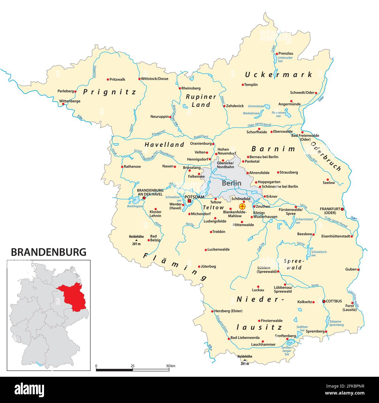 Mappa dello stato del Brandeburgo in lingua tedesca Illustrazione Vettoriale