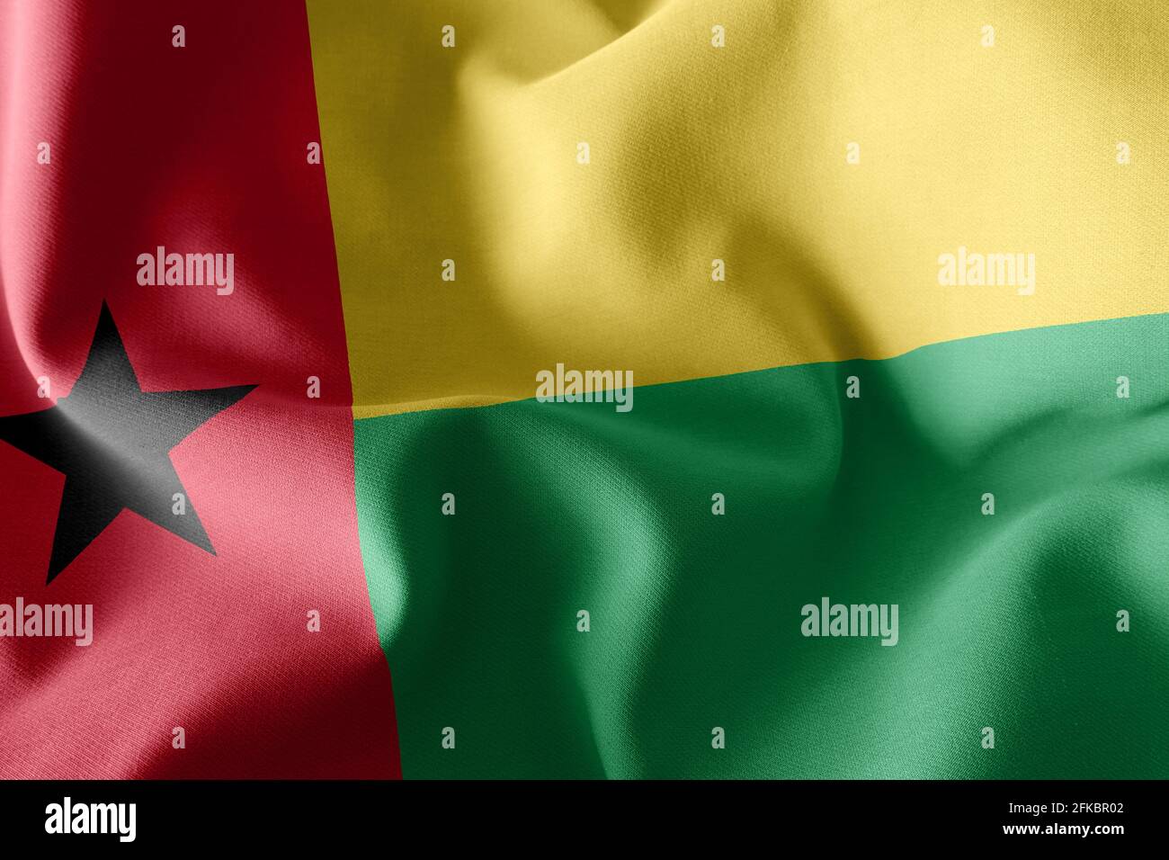 Bandiera di closeup dell'illustrazione 3D della Guinea-Bissau. Ondulazione sullo sfondo tessile della bandiera del vento Foto Stock