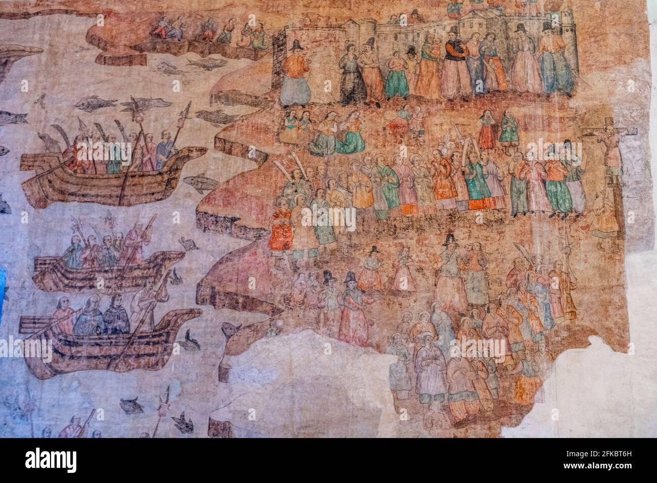 Antichi dipinti murali, Cattedrale di Cuernavaca, UNESCO, primi monasteri del 16 ° secolo sulle pendici del Popocatepetl, Messico, Nord America Foto Stock