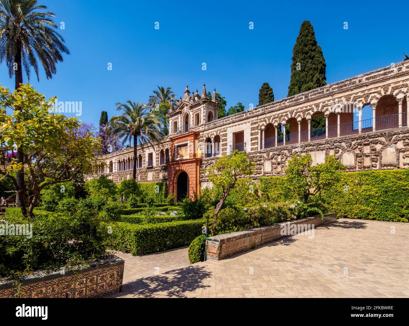 Giardini a Reales Alcazares de Sevilla (Alcazar di Siviglia), Patrimonio dell'Umanità dell'UNESCO, Siviglia, Andalusia, Spagna, Europa Foto Stock