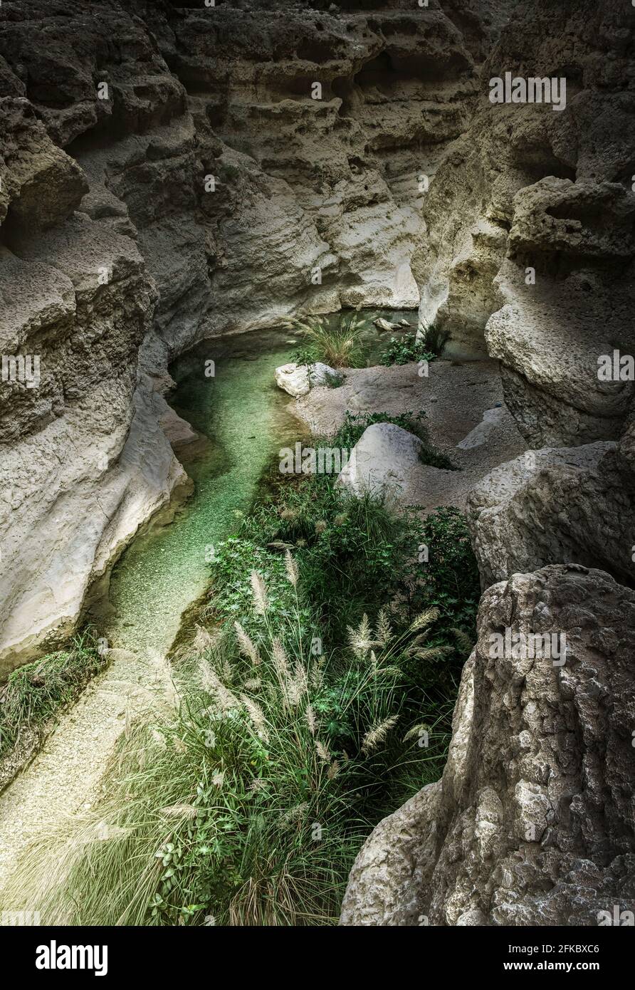 Canyon Wadi Shab con le sue acque color smeraldo, Oman, Medio Oriente Foto Stock