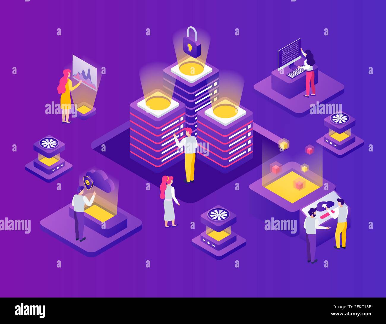 Composizione isometrica del data safe storage center con accesso al cloud online simbolo di blocco di sicurezza immagine vettoriale di sfondo viola Illustrazione Vettoriale