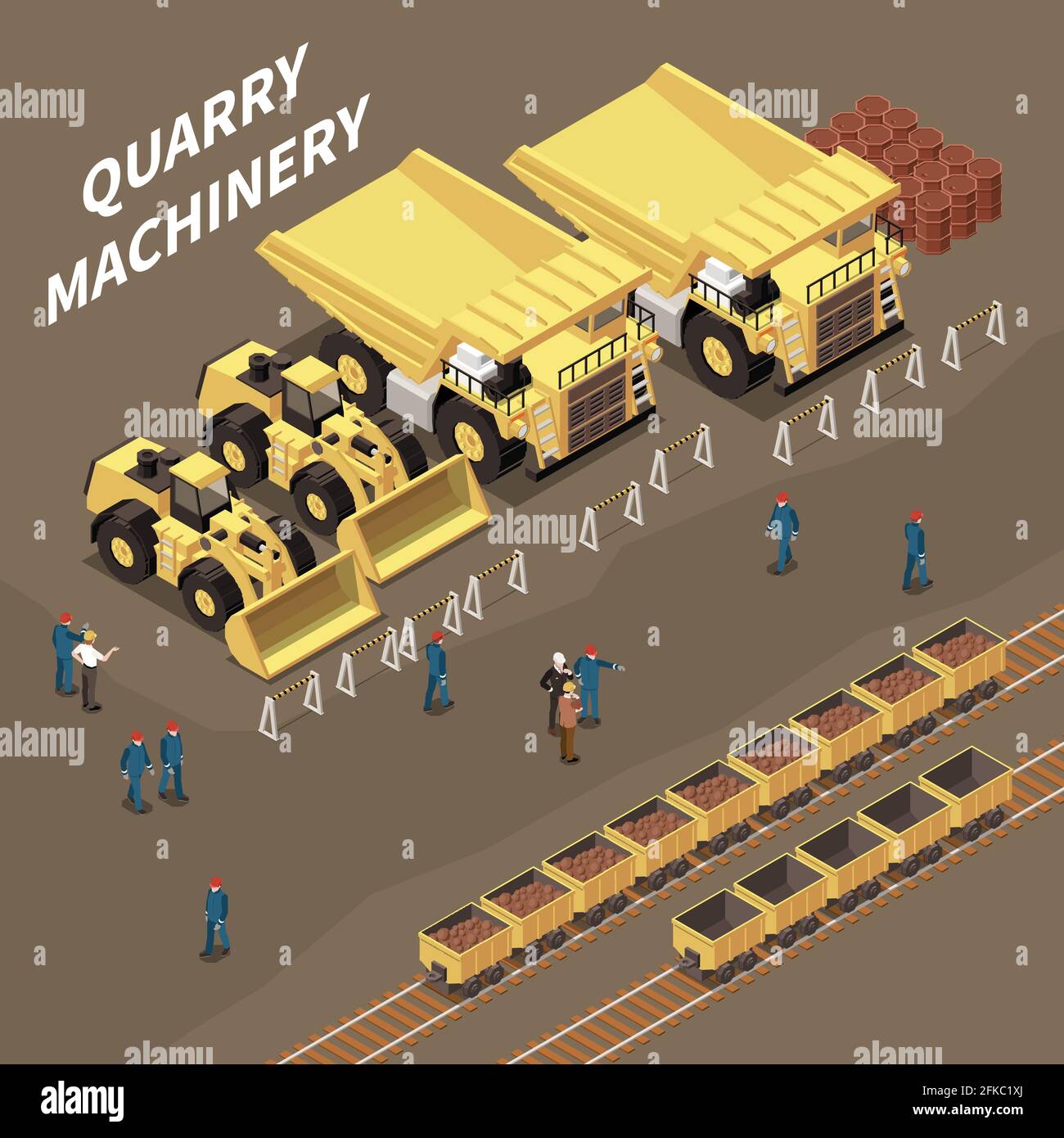 Composizione isometrica con carrelli per macchine da cava con rocce e minatori illustrazione vettoriale 3d Illustrazione Vettoriale