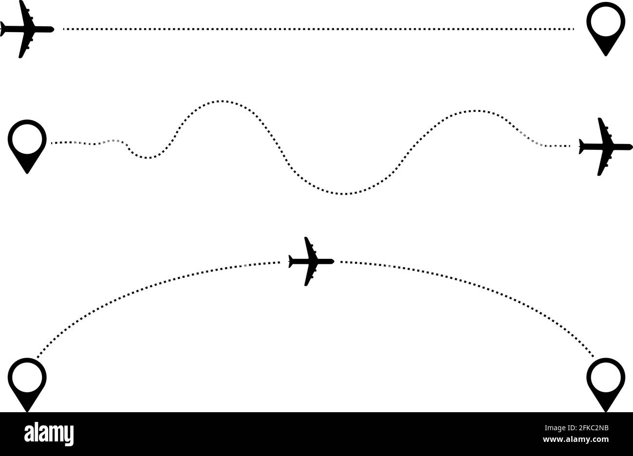 pittogrammi di viaggio in aria con simbolo del contrassegno di destinazione e icona del piano collegato a un'illustrazione vettoriale con linea tratteggiata Illustrazione Vettoriale