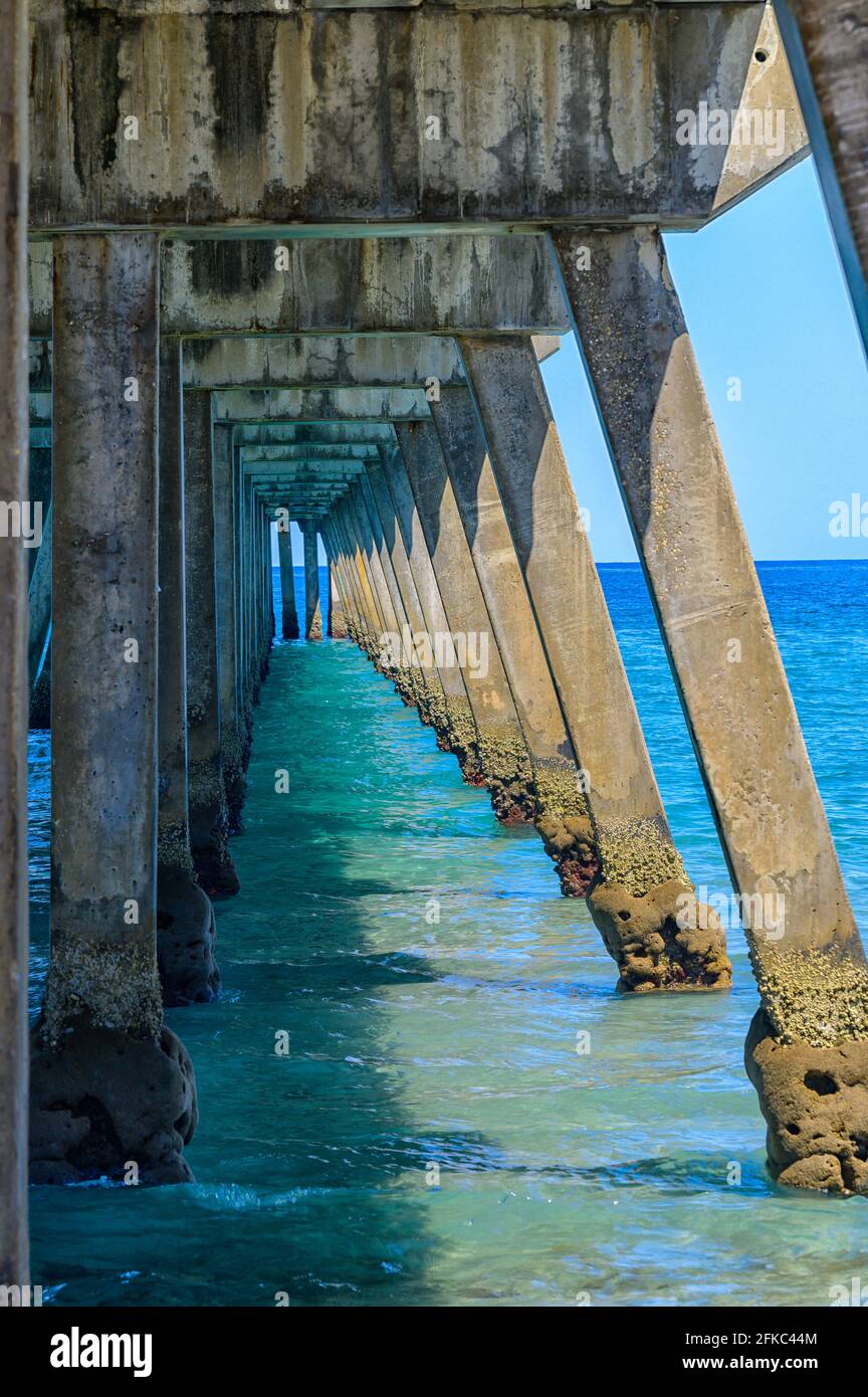 Colonne di cemento e calmo Oceano Atlantico sotto la spiaggia di Deerfield Molo internazionale per la pesca Foto Stock
