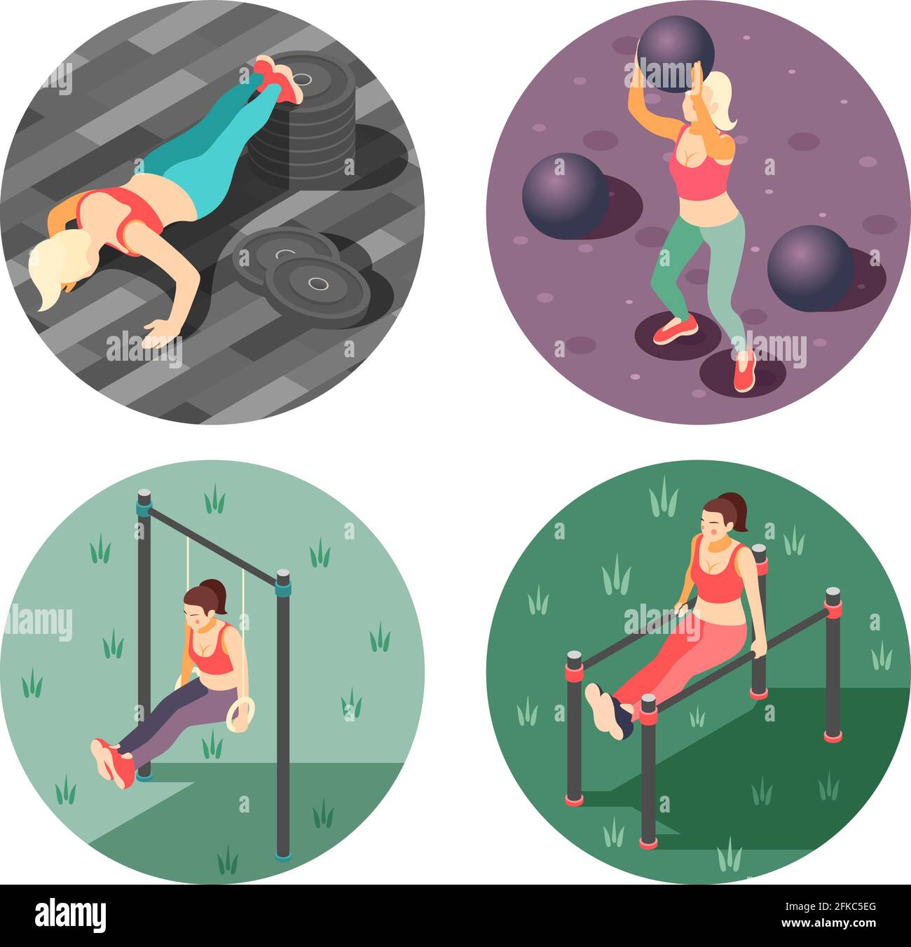 Total Body Workout Concept 4 composizioni isometriche rotonde con anelli gym parallel bar spingere verso l'alto illustrazione vettoriale Illustrazione Vettoriale