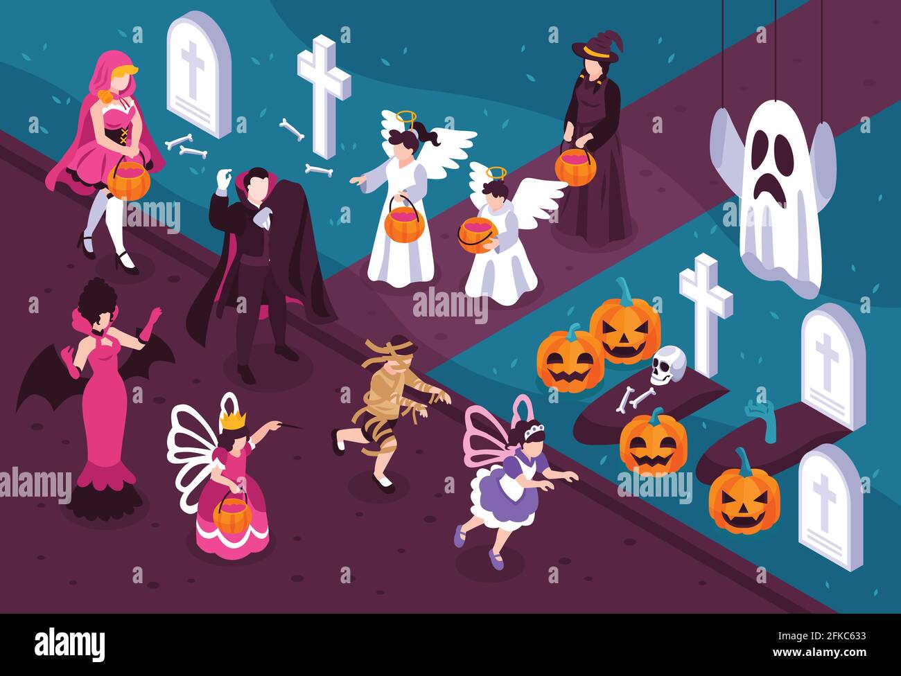 Persone che indossano costumi halloween di vampire fata strega angelo zombie ed elementi di decorazione parti illustrazione vettoriale isometrica 3d Illustrazione Vettoriale