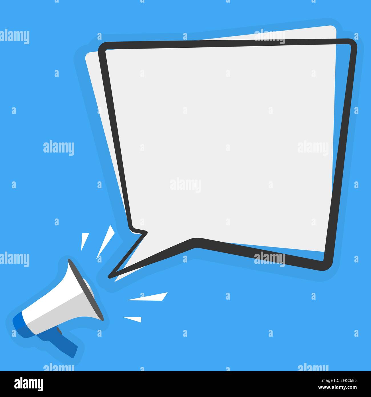 megafono o corno e grande bolla vocale con spazio di copia immagine vettoriale su sfondo blu Illustrazione Vettoriale