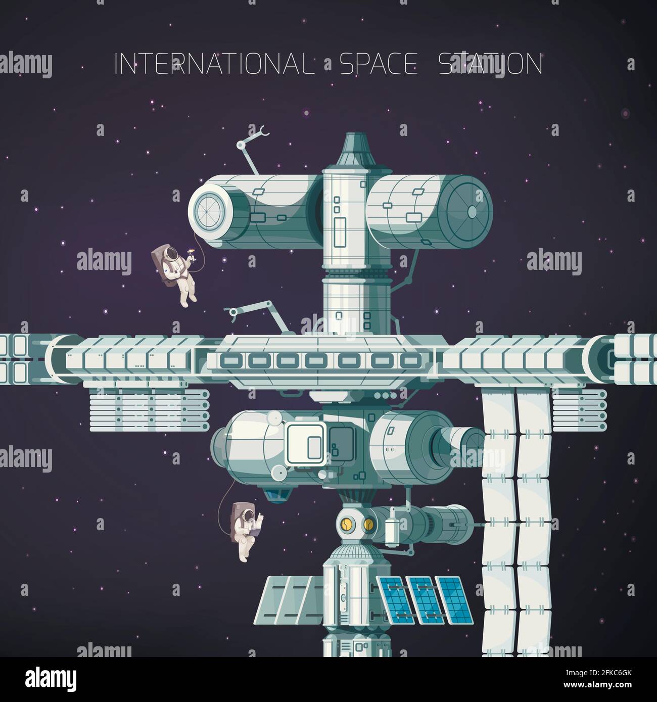 La composizione piatta della stazione spaziale internazionale orbitale è nello spazio e. è un'illustrazione vettoriale molto grande Illustrazione Vettoriale