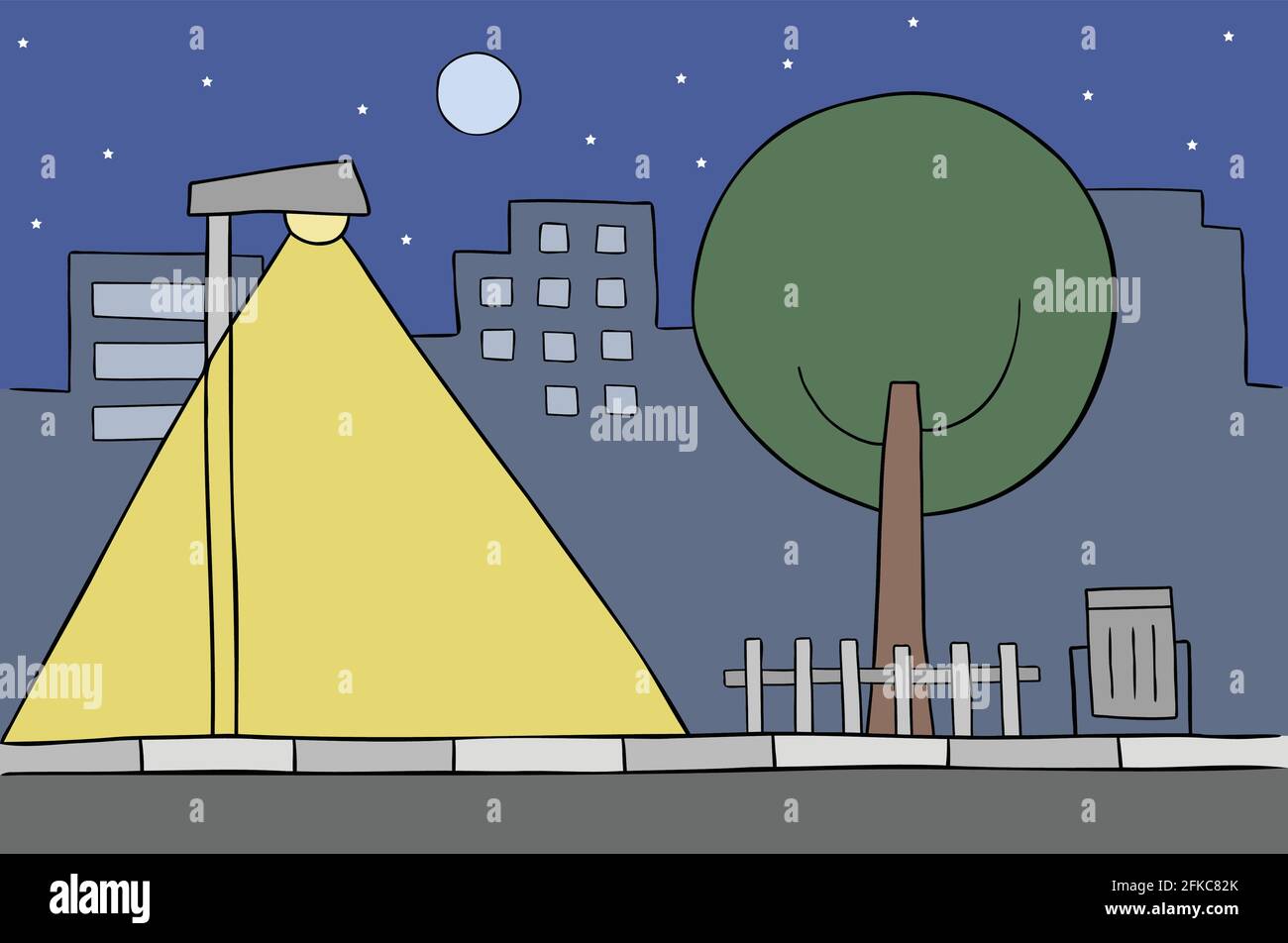 Cartoon vettore illustrazione della scena della città di notte. Lampada da strada, albero, edifici, stelle e luna piena. Contorni colorati e neri. Illustrazione Vettoriale