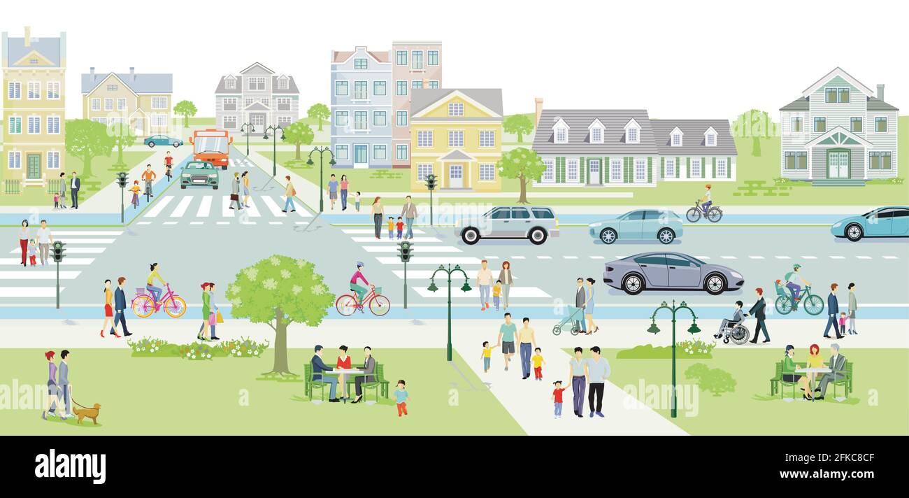 Famiglie e persone sul marciapiede con illustrazione del traffico stradale Illustrazione Vettoriale