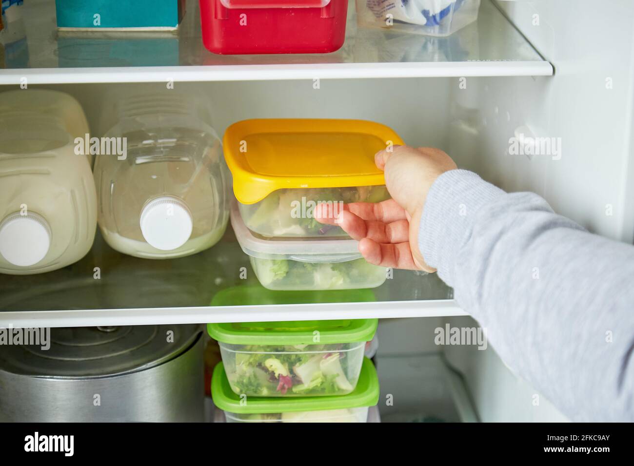 Il giovane mette i contenitori nel frigorifero. Il concetto di preparare e conservare cibo domestico o ristorante per un lungo periodo. Foto di alta qualità Foto Stock