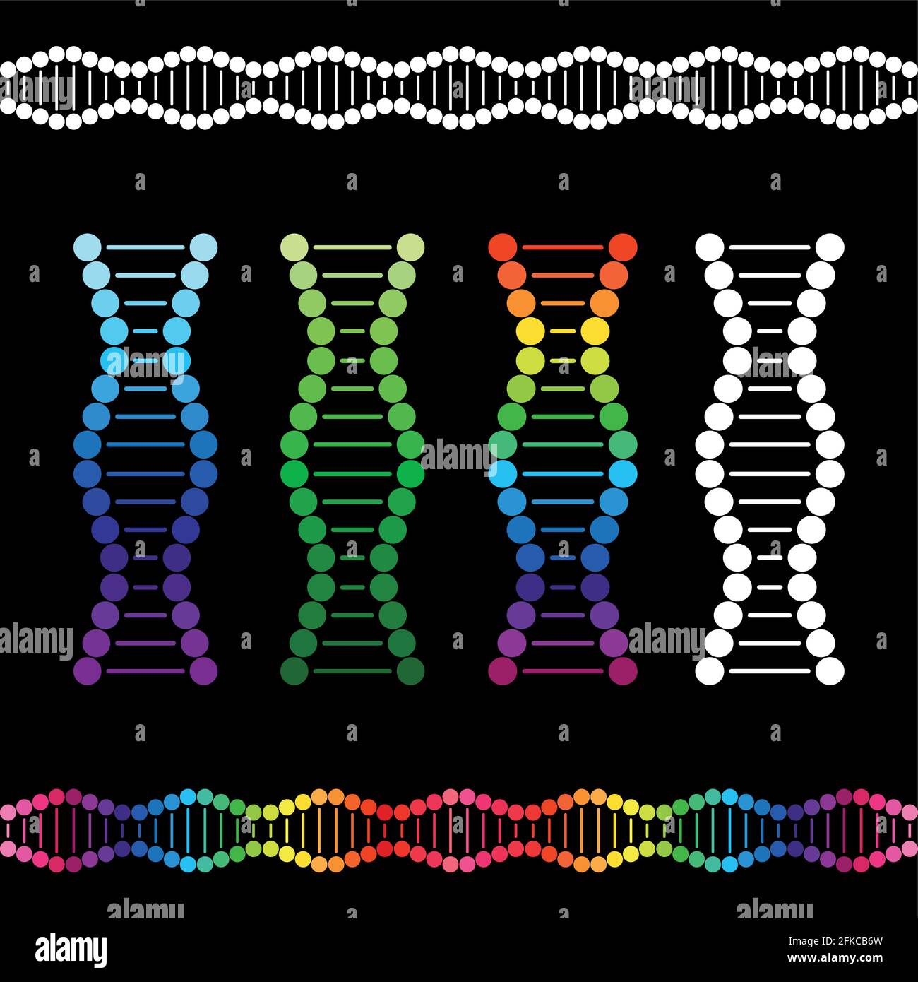 Set di simboli DNA colorati. Immagine vegetale colorata e verde, schema di molecola di DNA. Concetto di logotipo OGM. Modello di geni. Catena di colori. Ab. Isolato Illustrazione Vettoriale