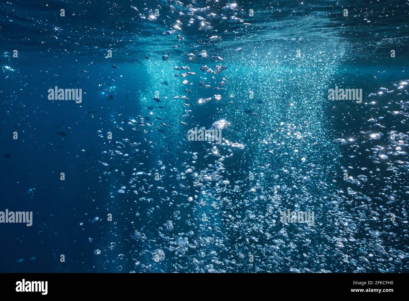Bolle d'aria sott'acqua nell'oceano che sale in superficie, scena naturale Foto Stock