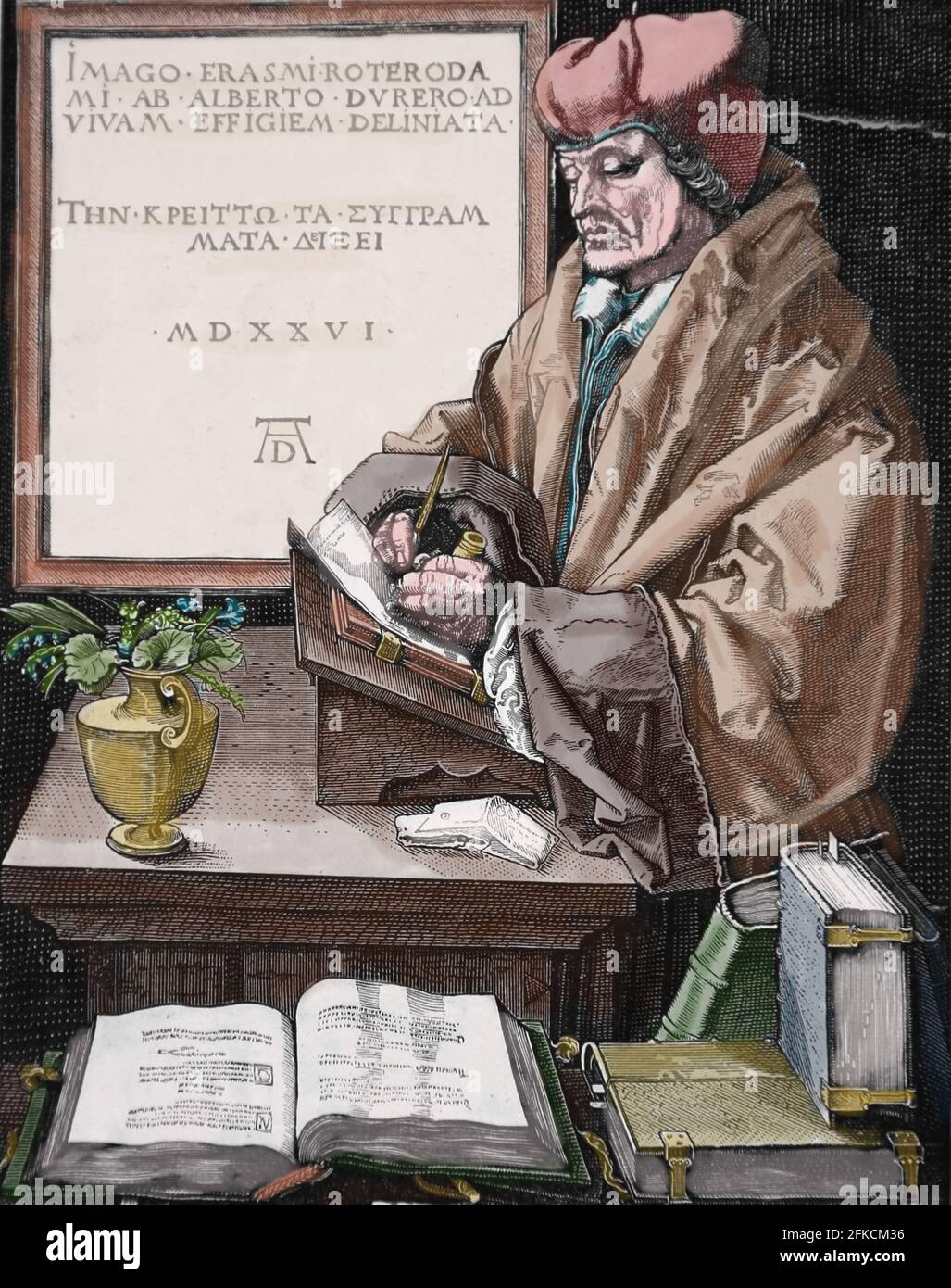 Erasmus di Rotterdam (1466-1536). Umanista olandese. Incisione di Albrecht Durer. 1526. Colorazione successiva. Foto Stock