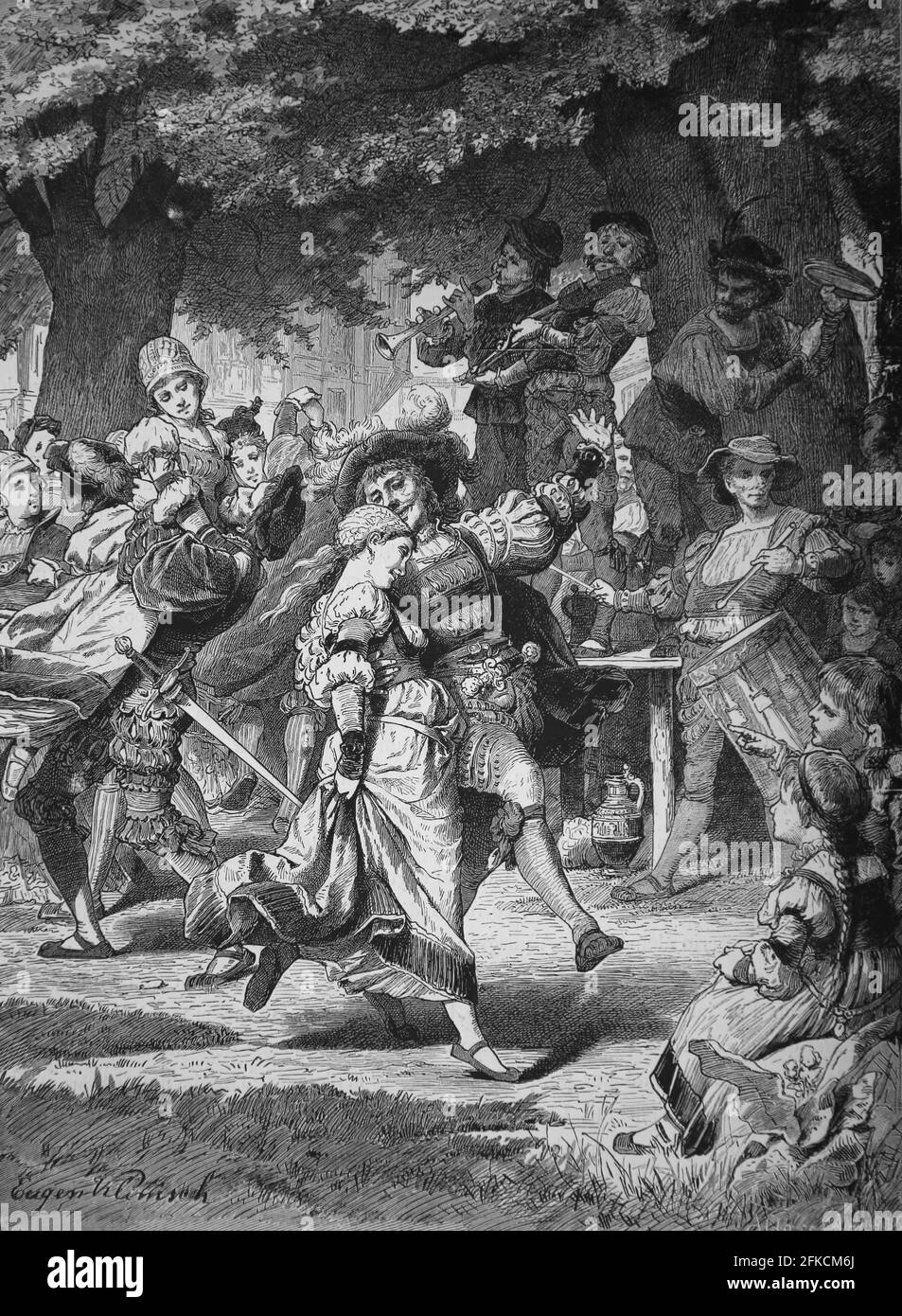 Epoca medievale. Danza all'aperto. Incisione. Germania, 1882 di Juan Scherr. Foto Stock