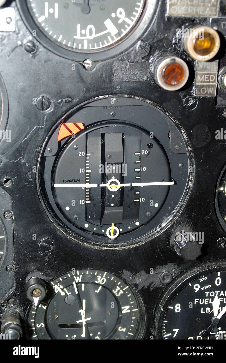 Avro Vulcan Bomber piano cockpit dettagli, che illustra la tecnologia dell'era della Guerra fredda. Director Horizon, indicatore dello strumento Foto Stock