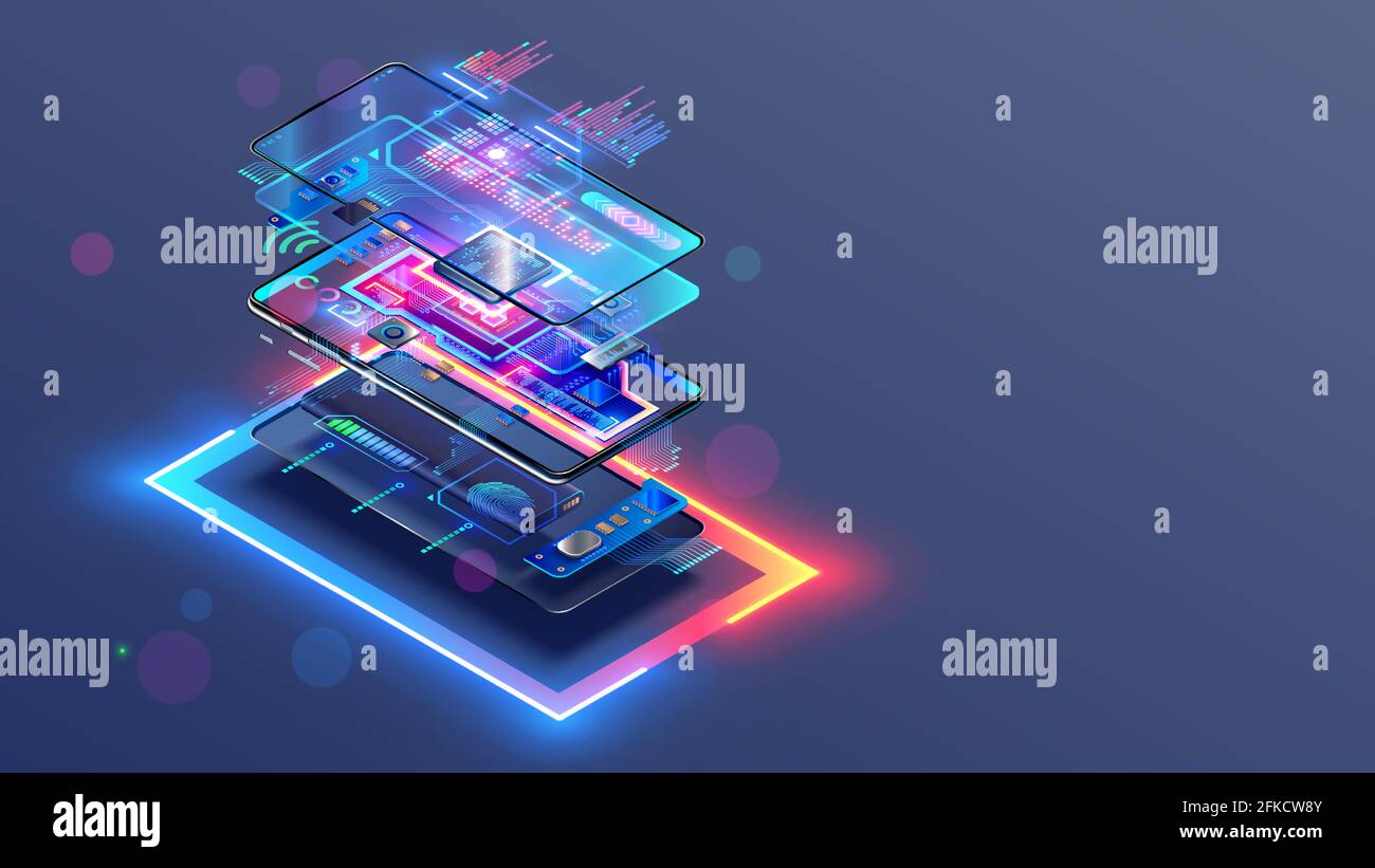 Servizio di riparazione telefonica. Smartphone smontato. Case e parti elettroniche o componenti su schema di telefono cellulare astratto. CPU, scheda madre di Illustrazione Vettoriale